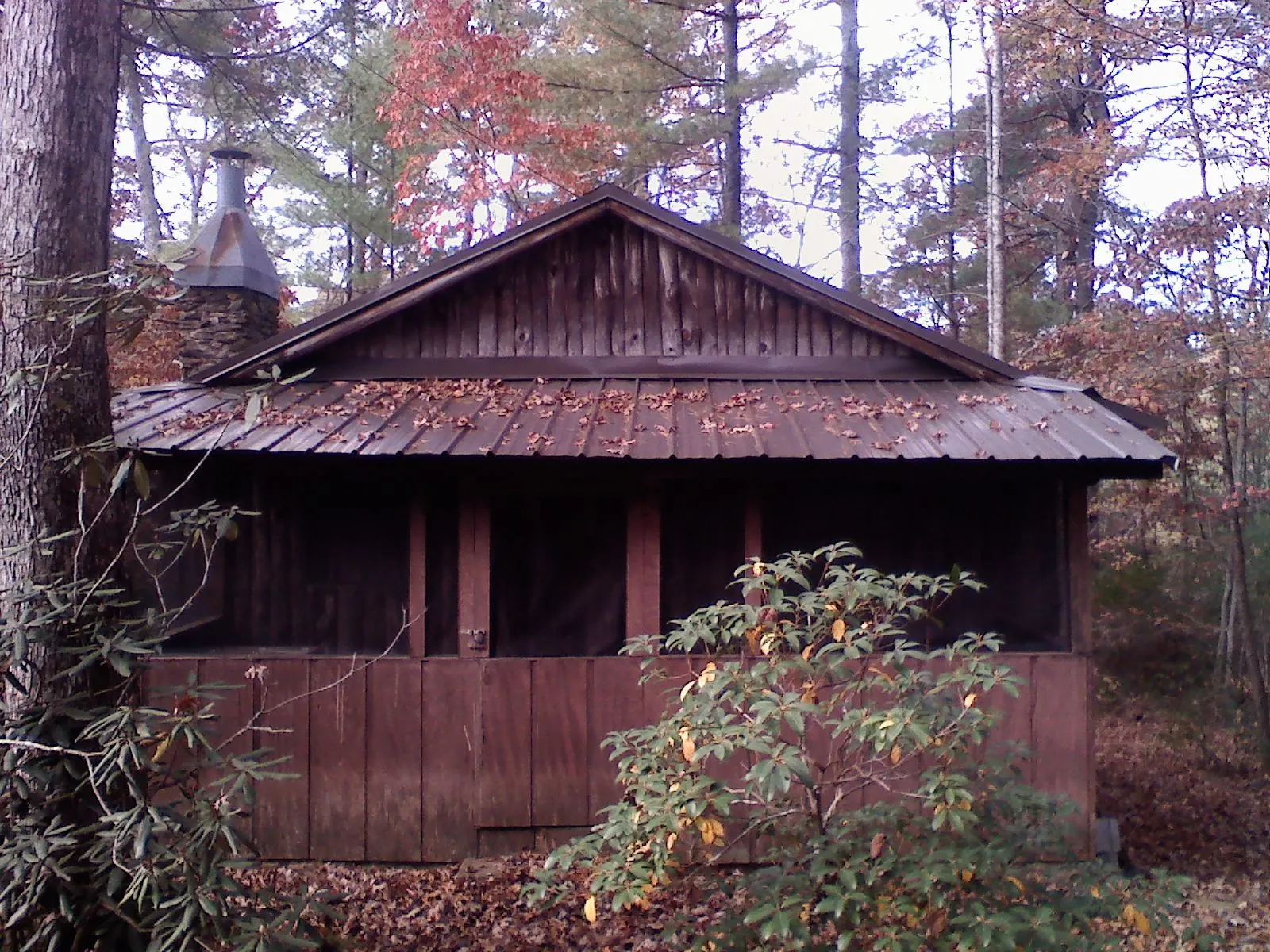 Metal roof over the screened porch of a rustic cabin in Louisville